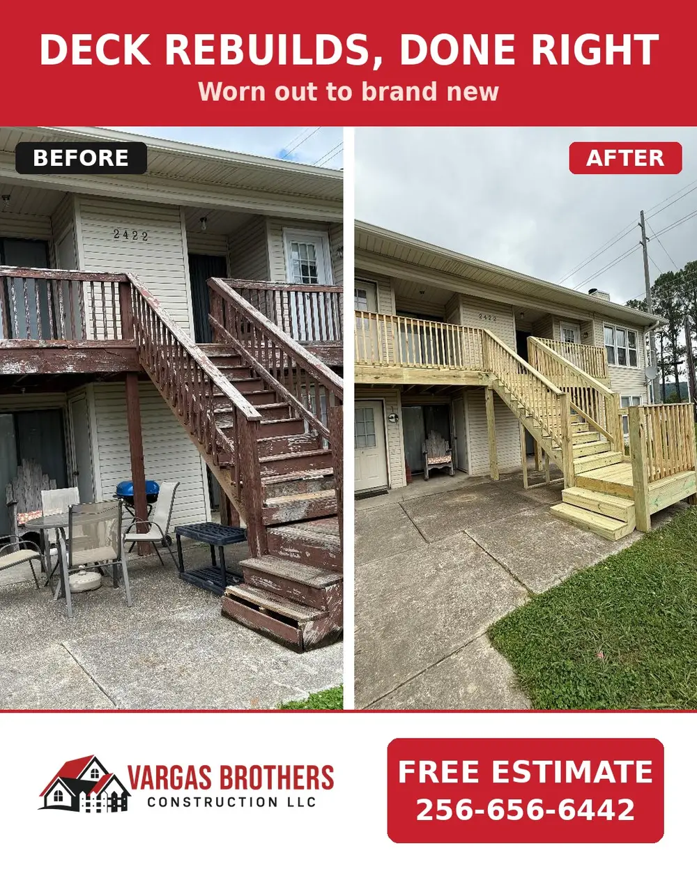 A Vargas Brothers deck rebuild shown before and after, from worn boards to a fresh stained deck